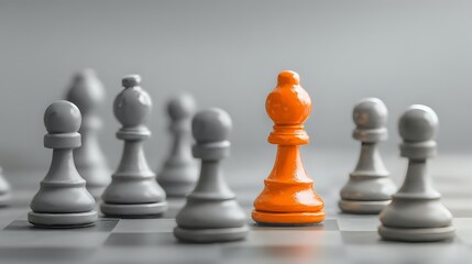 Orange chess queen standing out among gray chess pieces on board, symbolizing leadership, strategy, and competitive advantage in business.