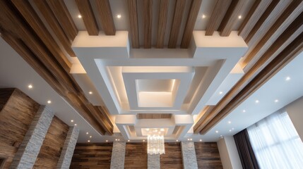 Modern interior design with a unique coffered ceiling and chandelier