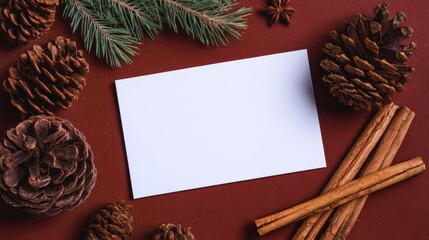 Fototapeta premium This image features a festive arrangement of pine cones, cinnamon sticks, and evergreen branches on a warm red background, ready for a holiday message.