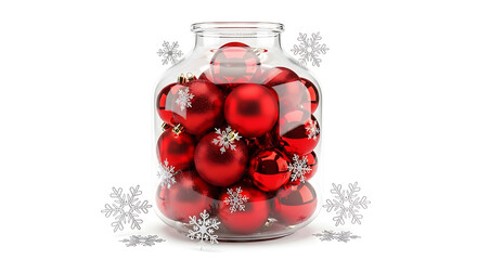 Festive red Christmas ornaments fill a clear glass jar on white.