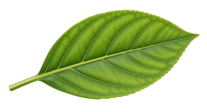 Bright green leaf with prominent central vein on clean white background