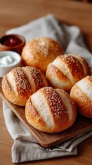 Close up macro photo of golden brown sesame bread rolls with white specks arranged on a rustic wooden board with a side of ketchup and dip.