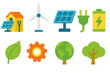 Renewable energy flat icon set. Solar, wind, eco-friendly elements flat collection