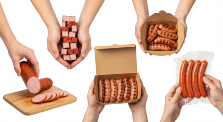 Sausage variety hands presentation isolated on a transparent background