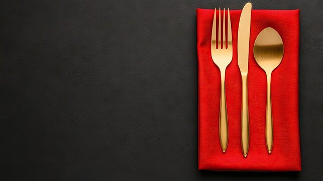 Elegant black table setting with golden cutlery and a red napkin for romantic celebrations or parties, perfect for Valentine's Day or birthdays