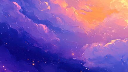 Dreamy cosmic clouds painted in vibrant purple and orange hues, sprinkled with sparkling stardust for a magical celestial escape.
