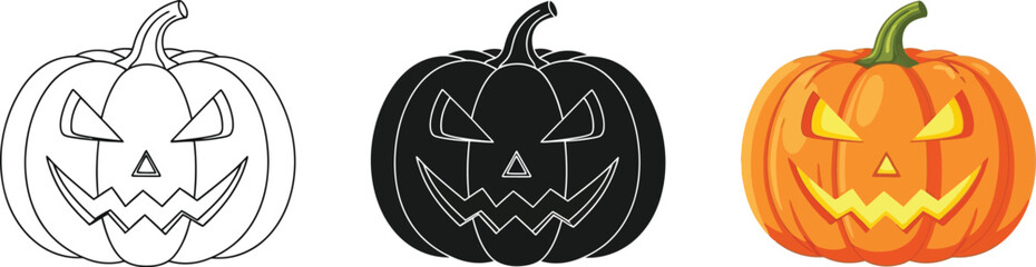 Three scary halloween jack-o-lantern pumpkin illustrations set isolated on white, showing outline, solid black silhouette, and vibrant orange color spooky face vector collection