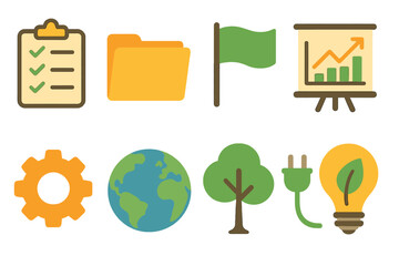 Business and environment flat icon set. Organizational, eco, tech icons flat collection