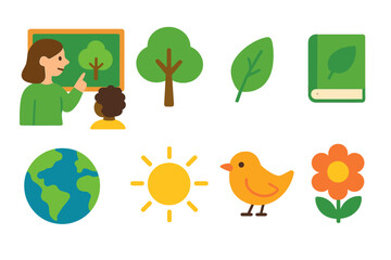Nature and education flat icon set. Tree, earth, learning symbols collection