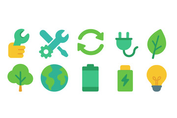 Eco, renewable energy flat icon set. Sustainable, environmental conservation icons collection