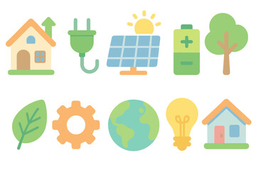 Eco-friendly energy flat icon set. Sustainable environment and renewable resources