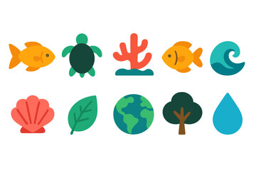Nature and environment flat icon set. Ecosystem, earth, and wildlife symbols collection