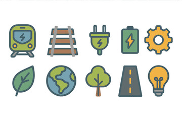 Sustainability and eco-friendly flat icon set: environment, energy, transportation, nature