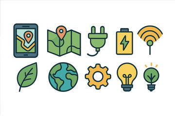 Map and earth symbol flat icon set. Energy, eco-friendly flat icons collection