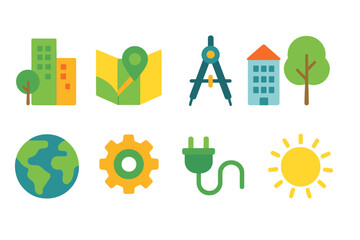 Urban planning flat icon set. Architecture, environment, map, engineering flat icons