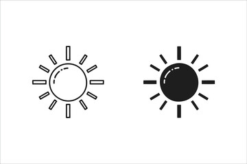 Sun icon, outline and filled, isolated on white background