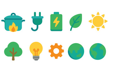 Eco-friendly energy flat icon set for sustainable living and green technology