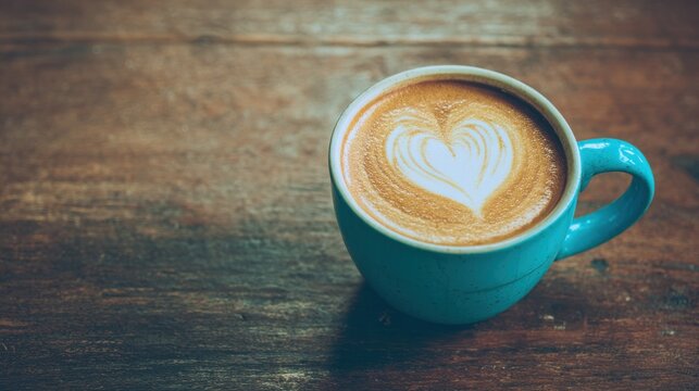 A teal mug of coffee with latte art in the shape of a heart