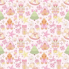 Pastel Coquette Christmas Pattern with Nutcracker and Gingerbread | Cute Pink Holiday Seamless Design