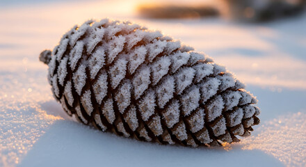 Pinecone covered in frost crystals laying on snow at golden hour.