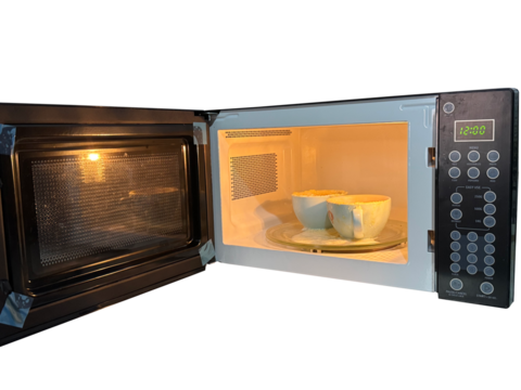 Microwave Oven with Overflowing Cups of Food isolated on transparent white background, png.  - Powered by Adobe