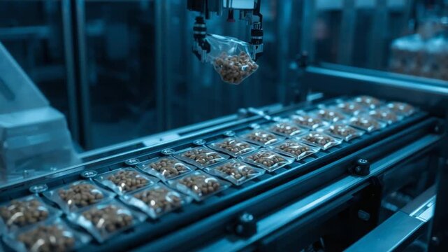 Automated packaging machine filling small plastic bags with nuts on a conveyor belt in a modern food production facility with blue lighting