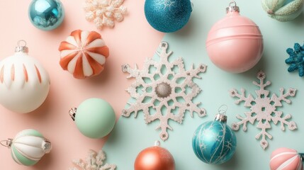 An arrangement of colorful holiday ornaments including baubles and snowflakes on a pink and teal background for a festive feel.