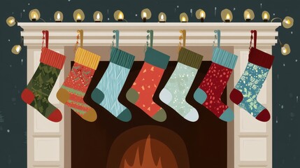 A festive scene showing a variety of colorful Christmas stockings hanging above a fireplace, illuminated by warm decorative lights.
