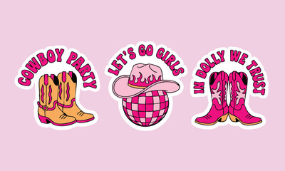 Set of Retro Pink Cowgirl Stickers with Disco Theme