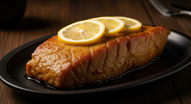 Close-up on Carp Dish (Karp) with Lemon Slices on Platter