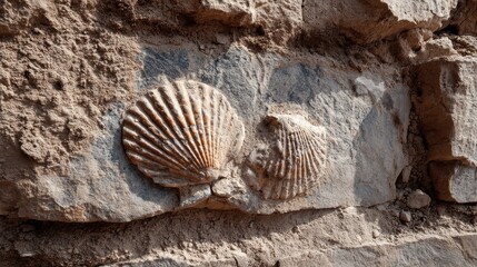 Two fossilized scallop shells are embedded in tan and grey sedimentary rock. Great for illustrating paleontology, geology, or ancient marine environments.