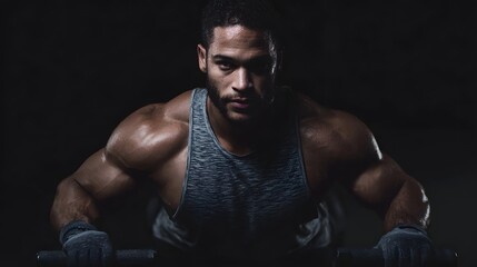 Fototapeta premium Muscular man performing intense push ups in a dark gym showcasing strength and focus