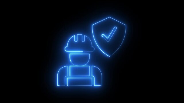 glowing neon construction workers icon isolated on black background. Engineer and helmet icon animation. safety concept. construction worker icon digital engineer profile icon animation safety helmet.
