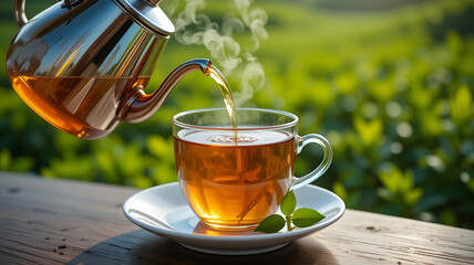 Hot amber black tea being poured from a silver metal teapot into a steaming glass cup, set on a wooden table with a vibrant green tea plantation background, excellent for organic beverage advertising