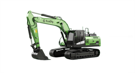 A green and black excavator with articulated arm is isolated on the black background.