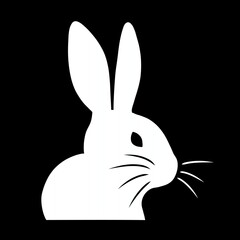 The image shows a silhouette of a rabbit in profile, with prominent ears and whiskers, set against a solid black background. The white figure contrasts sharply with the dark backdrop.