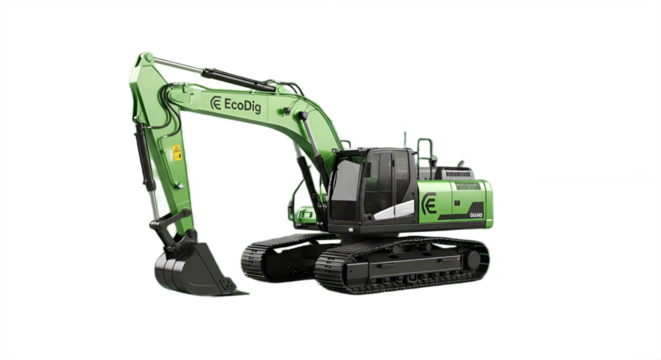 A green and black excavator with articulated arm is isolated on the black background.
