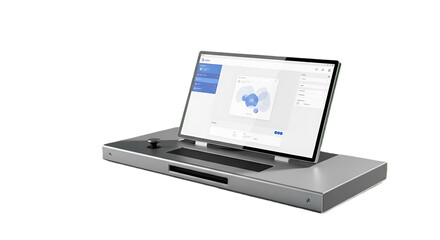A sleek digital device shows a dashboard interface on its screen, resting on a metallic stand.