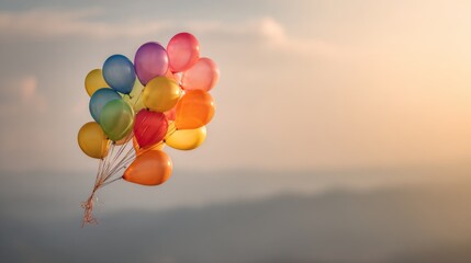 Colorful balloons floating against a beautiful sunset sky creating a joyful and uplifting atmosphere for celebrations and events in the background light