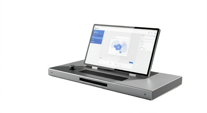 A sleek digital device shows a dashboard interface on its screen, resting on a metallic stand.
