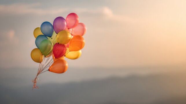 Colorful balloons floating against a beautiful sunset sky creating a joyful and uplifting atmosphere for celebrations and events in the background light