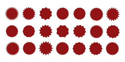 Circle sticker set. Wavy edge promo red badges. Star burst shape tags for price. Blank sale stickers. Simple silhouette. Flat vintage labels. Graphic illustration.