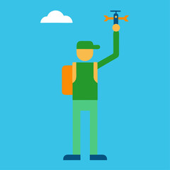 Person with drone and backpack under a cloud on a blue sky background