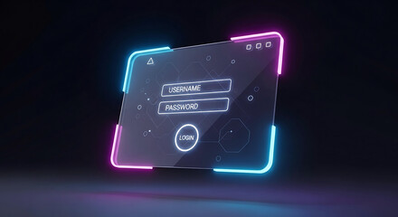 Futuristic digital interface with neon lights, login screen concept, cybersecurity and technology abstract background