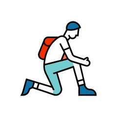 Obraz premium Stylized hiker with backpack kneeling on a black background