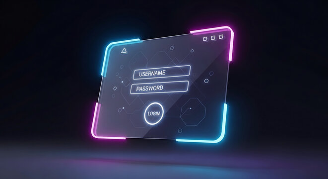 Futuristic digital interface with neon lights, login screen concept, cybersecurity and technology abstract background
