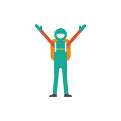 Joyful hiker with backpack celebrating success on black background