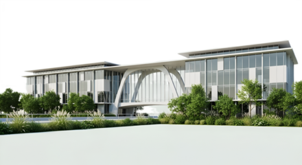 Architectural rendering showcases a modern, glassy office building on a sunny day outdoors.