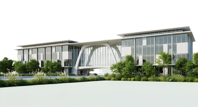 Architectural rendering showcases a modern, glassy office building on a sunny day outdoors. - Powered by Adobe