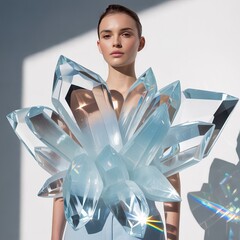 A Crystalline Embrace: A striking fashion shot presents a model adorned with an avant-garde crystal sculpture, merging the realms of nature and haute couture.
